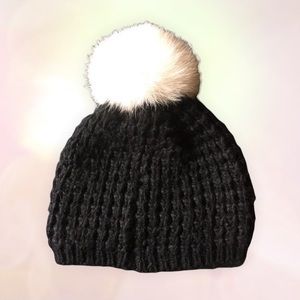 Black Chunky Knit Hat with Soft Faux Fur Pompom Girls Fleece Lined Winter Toque